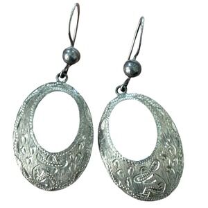 Vintage Mexican Sterling Silver Bird Earrings 925 Handmade Etched Dangle Silver